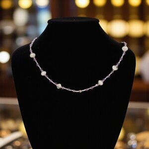 Purple Beaded Necklace with Faux Pearls -  Delicate Handmade Style